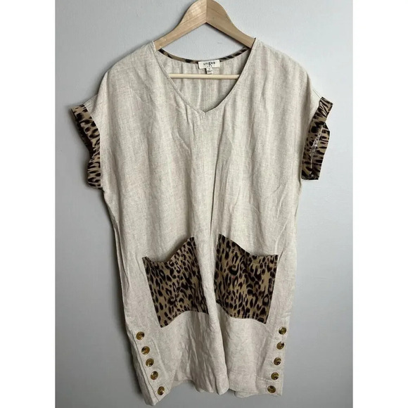 Umgee Animal Print Trim/Pockets Linen Blend Size Small Mini Shift Dress Women’s - Picture 3 of 9